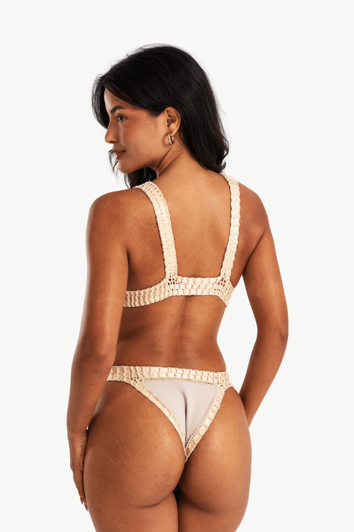 Pearl - Parte inferior de bikini de crochet color crema con lentejuelas